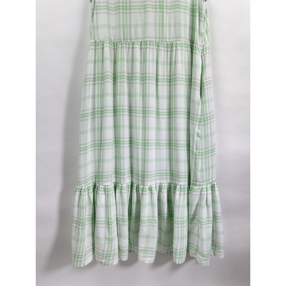 CHAPS Plaid Tiered Maxi Dress Large Mint Green Prairie Cottagecore Pockets Vneck - Picture 11 of 12